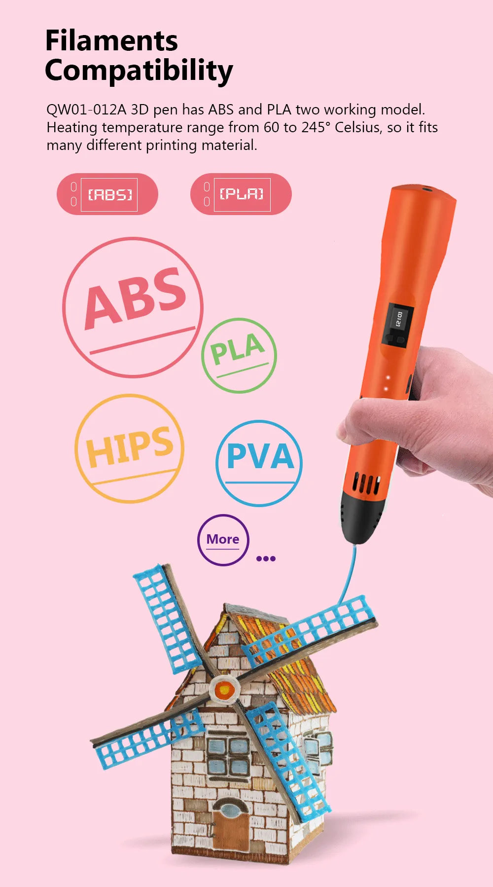 3D Printer Pen Supports ABS PLA HIPS PVA 60-245 Degrees Celsius Range Temperature Adjustable LCD Display 8-Speed Regulation