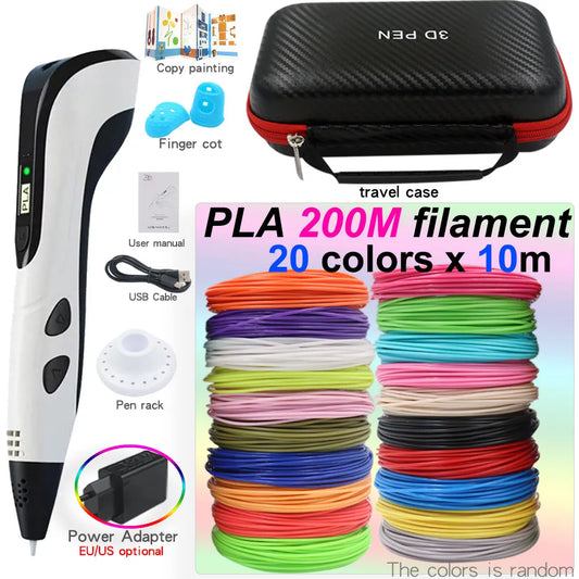 KITS 3D Printing Pen with LED Screen 200M PLA and Power Adapter and Storage Box bleu pink white for kids
